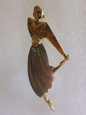 Art Deco  Figural Dancing Woman Brooch Faux Shell  Green Skirt